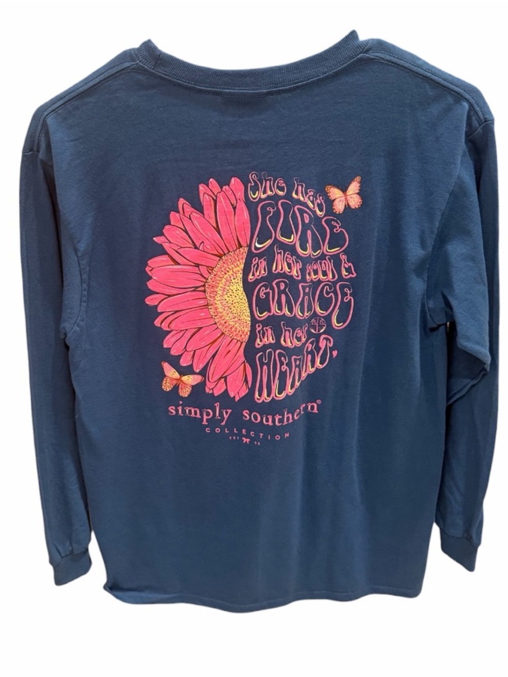 LARGE YOUTH Simply Southern Navy Long Sleeve Tee with Pink Sunflower Graphic